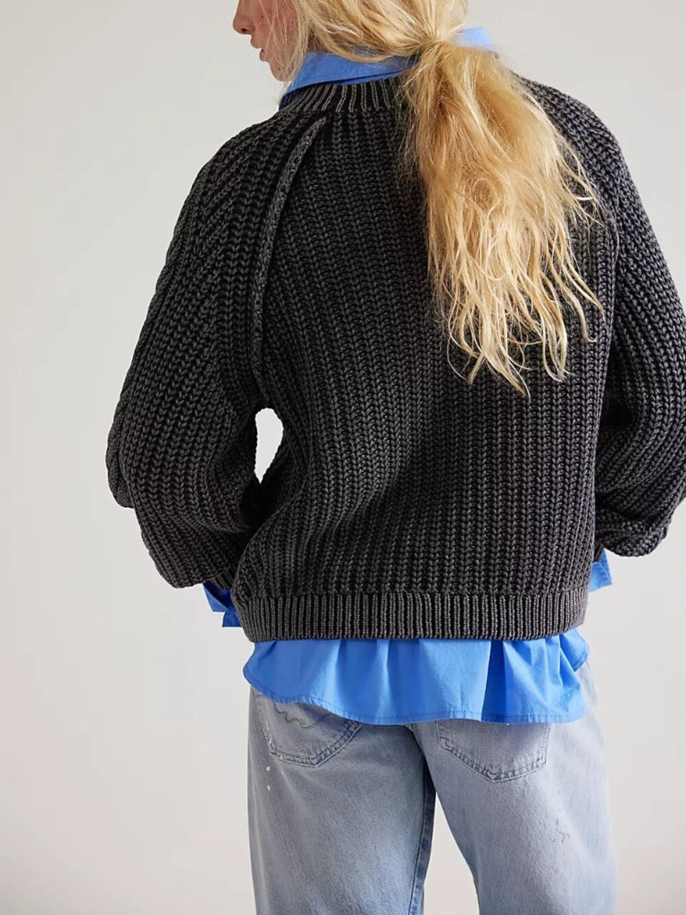 🆕 FREE PEOPLE Frankie Cable Knit Cotton Sweater / Black - Picture 7 of 14